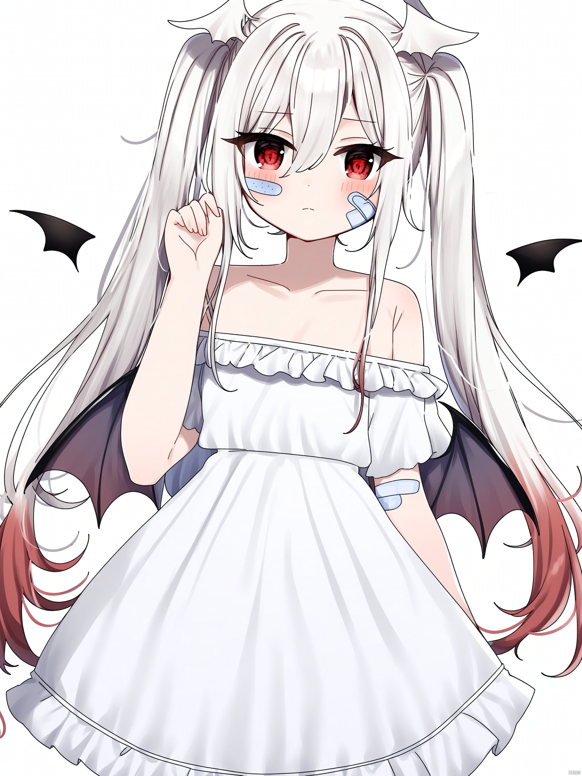 Best-A, e658d40f, 1girl, solo, dress, wings, white dress, long hair, demon tail, bandaid, closed mouth, bandaid on arm, off-shoulder dress, off shoulder, red eyes, bangs, hand up, bare shoulders, demon wings, tail, blush, twintails, very long hair, bandaid on cheek, collarbone, hair between eyes, white background, looking at viewer, bandaid on face, multicolored hair, low wings, head wings, white hair, demon girl, mini wings