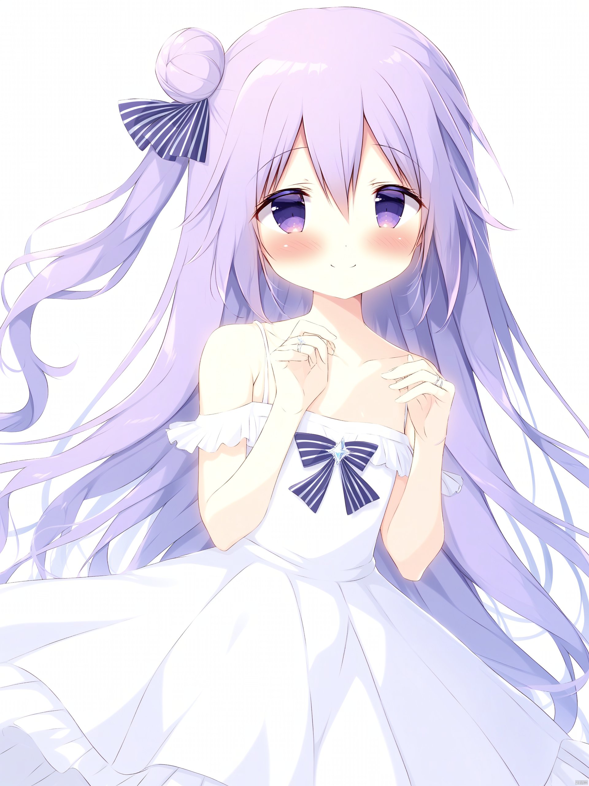 Best-A, 1dd748ec, 1girl, solo, long hair, purple eyes, dress, purple hair, blush, bow, smile, white background, single hair bun, hair bun, closed mouth, white dress, bare shoulders, unicorn \(azur lane\), hair bow, one side up, off shoulder, single side bun, simple background, off-shoulder dress, bangs, hands up, very long hair, hair between eyes, ring, striped bow, purple bow, striped, looking at viewer, wedding ring, jewelry, collarbone