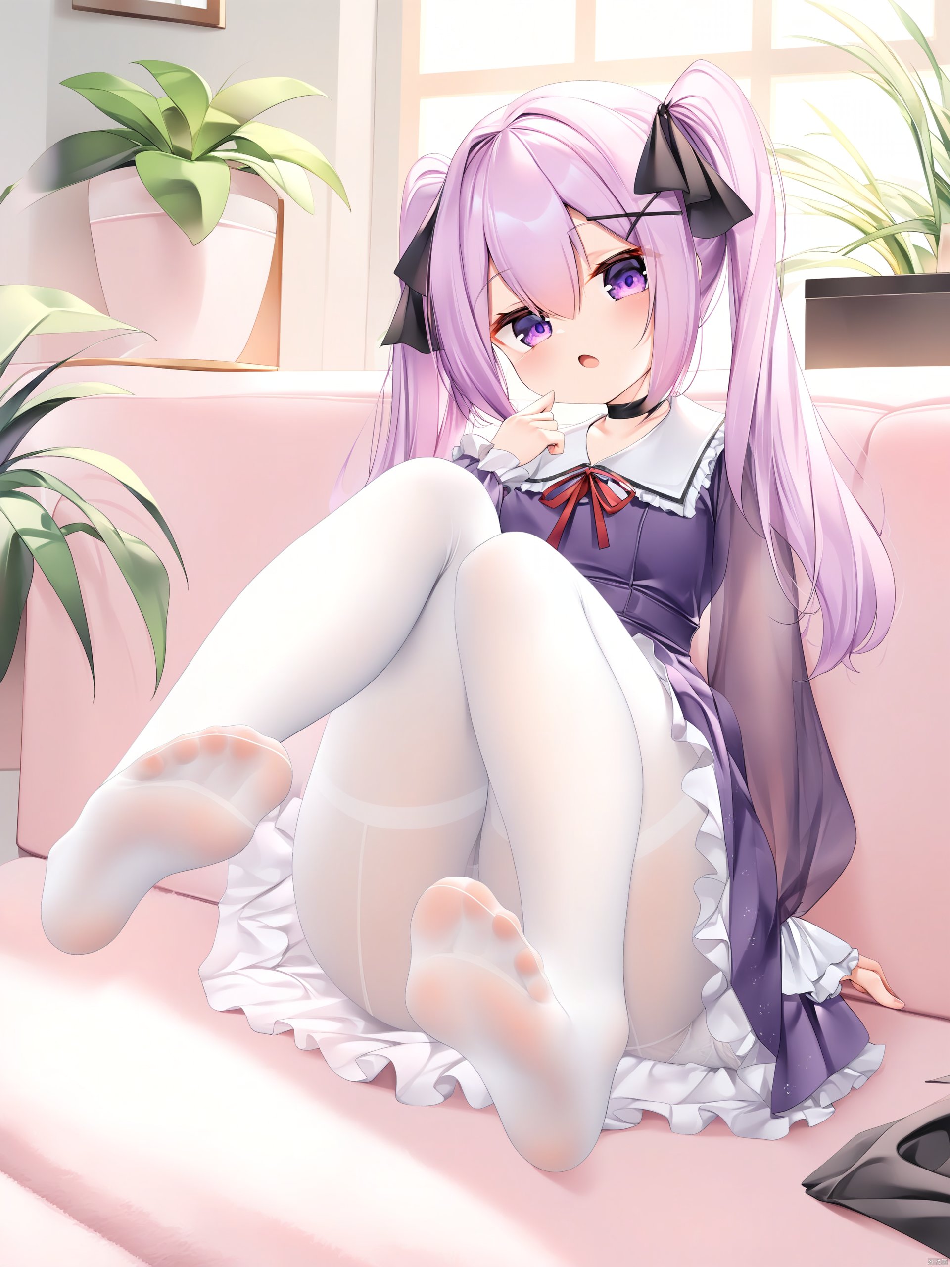 Best-A,b19d1dd7,Best-A,1girl, absurdres, ass, black_choker, black_ribbon, character_request, b19d1dd7, chinese_commentary, choker, commentary_request, copyright_name, couch, dress, feet, frilled_dress, frilled_sleeves, frills, full_body, fuzu_yoko, hair_between_eyes, hair_ornament, hair_ribbon, hand_up, head_tilt, highres, indoors, kaguyano, knees_up, leaning_back, legs, long_sleeves, neck_ribbon, no_shoes, on_ground, open_mouth, panties, panties_under_pantyhose, pantyhose, plant, potted_plant, purple_dress, purple_eyes, purple_hair, ribbon, rug, see-through, see-through_legwear, sitting, soles, solo, toes, twintails, underwear, white_dress, white_panties, white_pantyhose, white_ribbon, window, x_hair_ornament