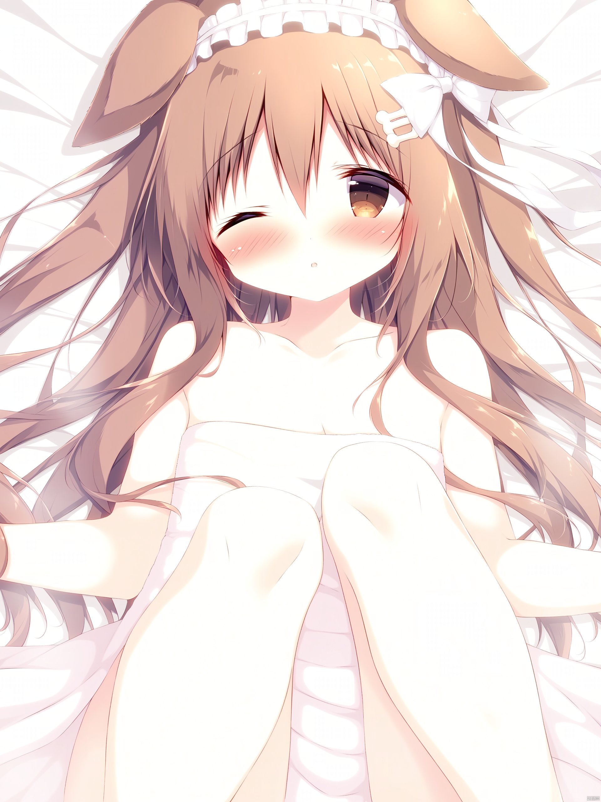 Best-A, 1dd748ec, 1girl, solo, animal ears, one eye closed, dog ears, frilled hairband, parted lips, brown eyes, long hair, blush, bound wrists, cartoon bone, bangs, bed sheet, hair between eyes, bound, bone hair ornament, bow, hair bow, brown hair, very long hair, looking at viewer, on back, lying, bare shoulders, naked towel, dress, collarbone, floppy ears, frills, white bow, hair ornament, dog girl, hairband