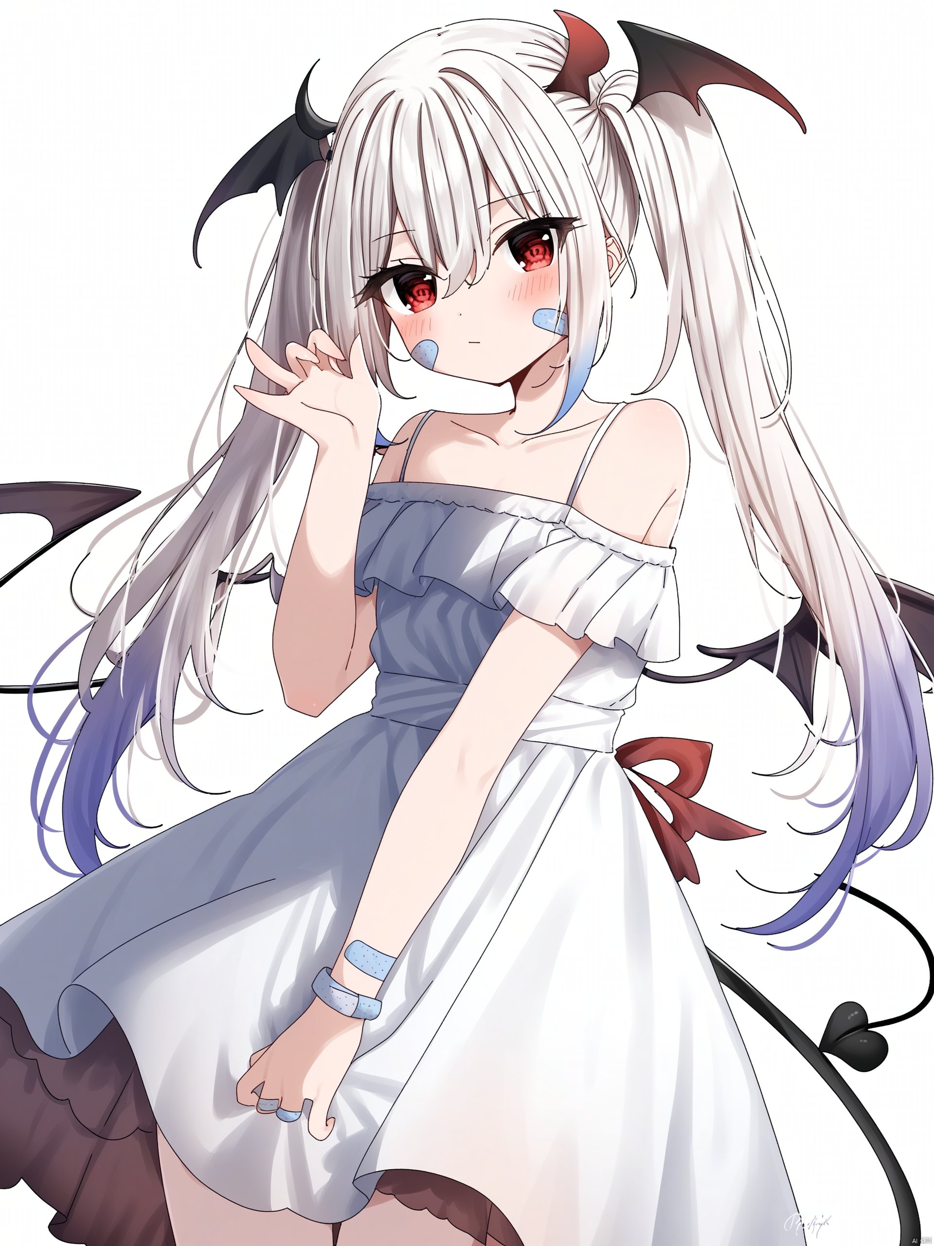 Best-A, e658d40f, 1girl, solo, dress, wings, white dress, long hair, demon tail, bandaid, closed mouth, bandaid on arm, off-shoulder dress, off shoulder, red eyes, bangs, hand up, bare shoulders, demon wings, tail, blush, twintails, very long hair, bandaid on cheek, collarbone, hair between eyes, white background, looking at viewer, bandaid on face, multicolored hair, low wings, head wings, white hair, demon girl, mini wings