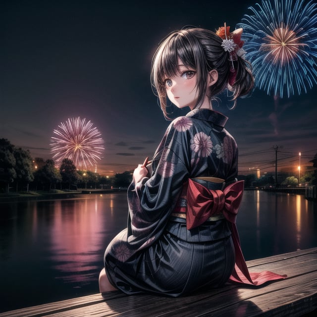 (masterpiece,ultra-detailed,best quality,8K,illustration,shaved:1.2),(petite girl:1.0) ,   hanabi,kimono,sitting,from behind,,river