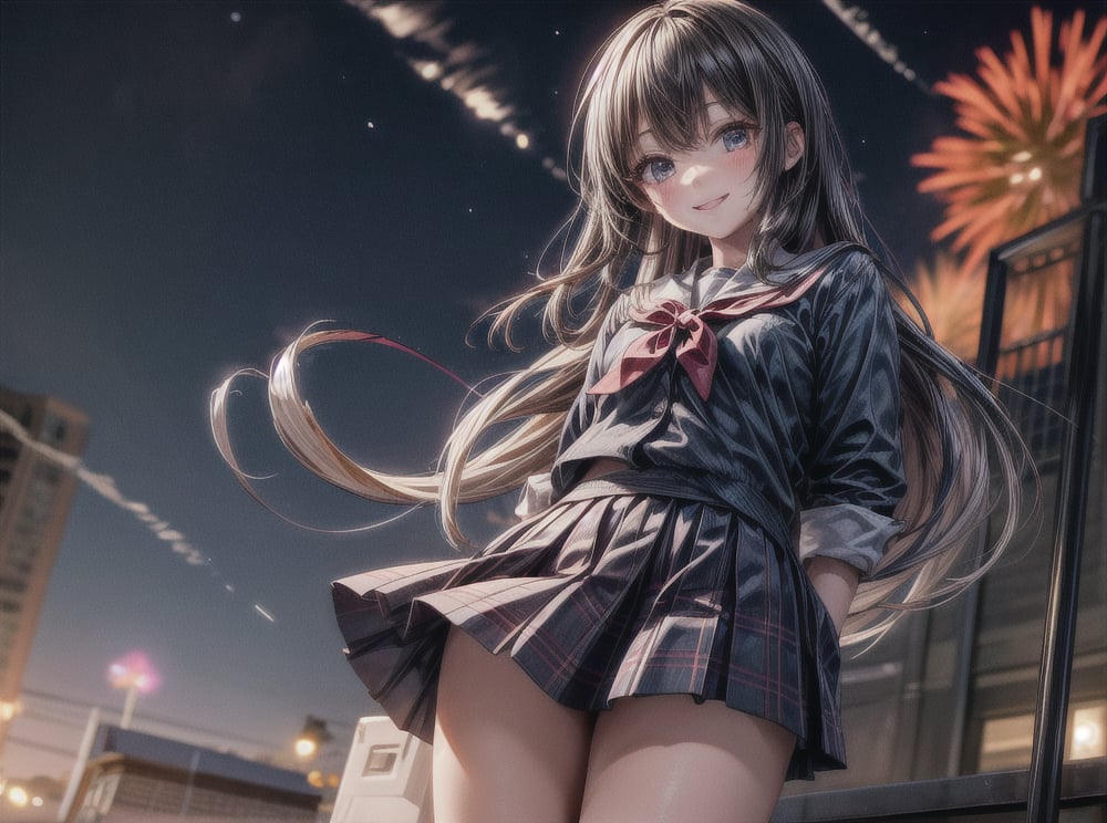 (masterpiece,ultra-detailed,best quality,8K,illustration,shaved:1.2),(petite girl:1.0) ,   hanabi,school uniform,from below,smile,night sky,hands behind back,