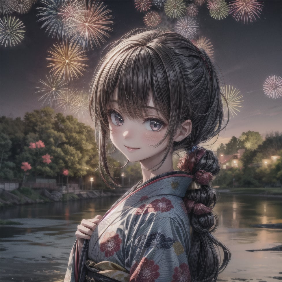 (masterpiece,ultra-detailed,best quality,8K,illustration,shaved:1.2),(petite girl:1.0) ,   hanabi,kimono,smile,HANABI