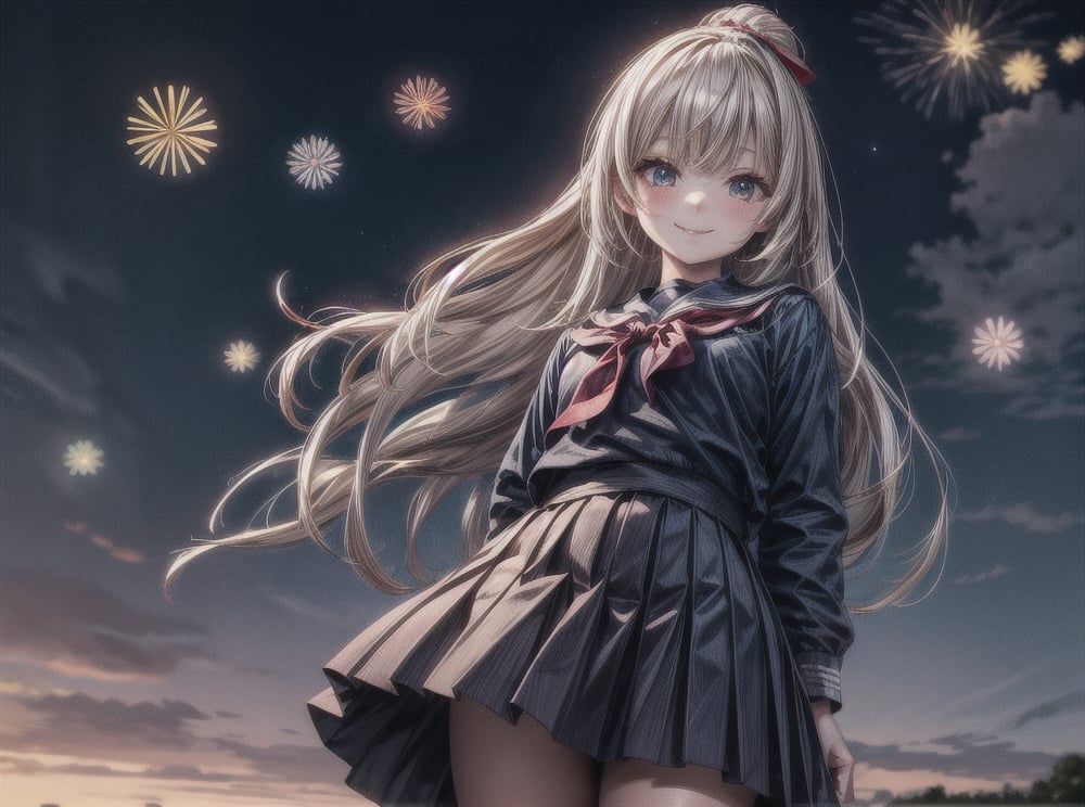 (masterpiece,ultra-detailed,best quality,8K,illustration,shaved:1.2),(petite girl:1.0) ,   hanabi,school uniform,from below,smile,night sky,hands behind back,