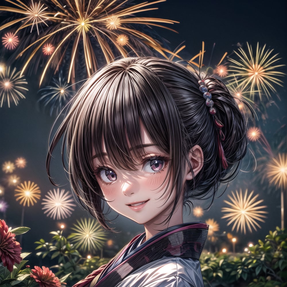 (masterpiece,ultra-detailed,best quality,8K,illustration,shaved:1.2),(petite girl:1.0) ,   hanabi,kimono,smile