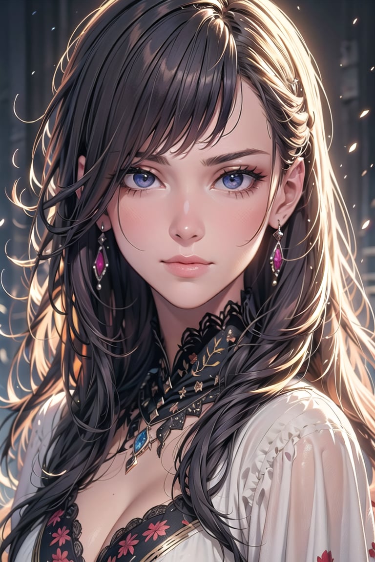 (Ultra Realistic), (Illustration), (Increased Resolution), (8K), (Extremely Detailed), (Best Illustration), (Beautiful and Detailed Eyes), (Best Quality), (Ultra Detailed), (Masterpiece ), ( wallpaper), (detailed face), solo, 1 girl, looking at viewer, fine details, detailed face, in the dark, deep shadows, low key, pureerosfaceace_v1, smiling, long hair, black shawl straight hair , 46 points oblique bangs