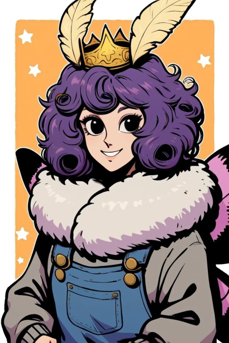 score_9, headshot portrait, mothgirl, moth antennae, four arms, fur trim, gold crown, oversized sweater, grey cardigan, overalls, white star pattern, short curly hair, purple hair, big wide black eyes, smiling, looking at viewer, moth wings,
