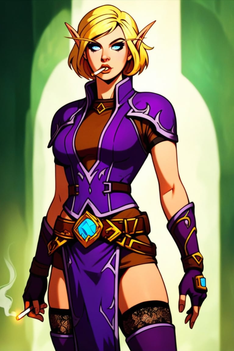 score_8_up, solo, world of warcraft, (human), mage, bob cut, light blonde hair, swept bangs, purple vest, blue eyes, [pointy ears:0.4], makeup, cigarette, fingerless gloves, leggings, short sleeves, brown shirt, belt, pelvic curtain, lace-up boots