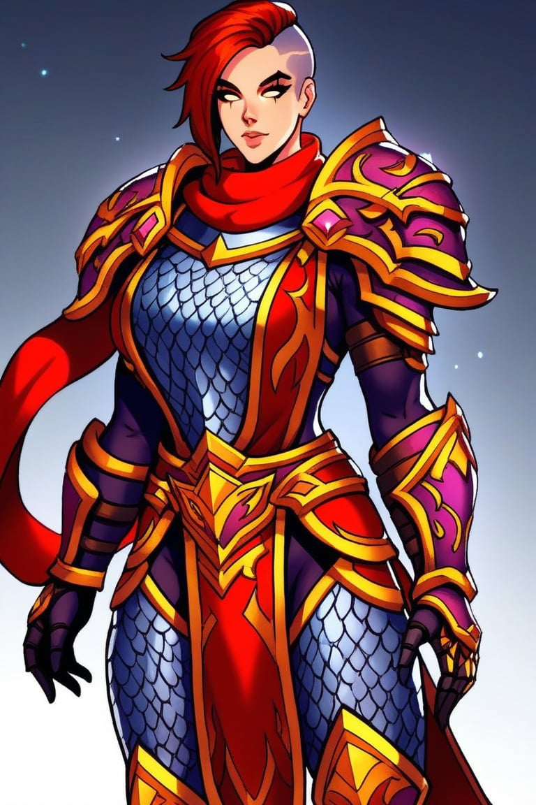 score_9, world of warcraft, (human), [woman:0.5], paladin, black tattoos, red hair, undercut, red scarf, silver armor, gold trim, chainmail tabard, gauntlets, armored boots, muscular