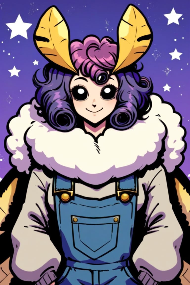 score_9, headshot portrait, mothgirl, moth antennae, four arms, fur trim, gold crown, oversized sweater, grey cardigan, overalls, white star pattern, short curly hair, purple hair, big wide black eyes, smiling, looking at viewer, moth wings,
