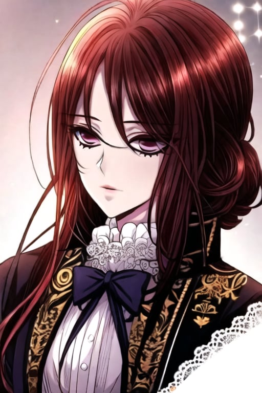 a girl with  cherry  hair and dark eyes with a victorian outfit high quality, details eyes, illustration