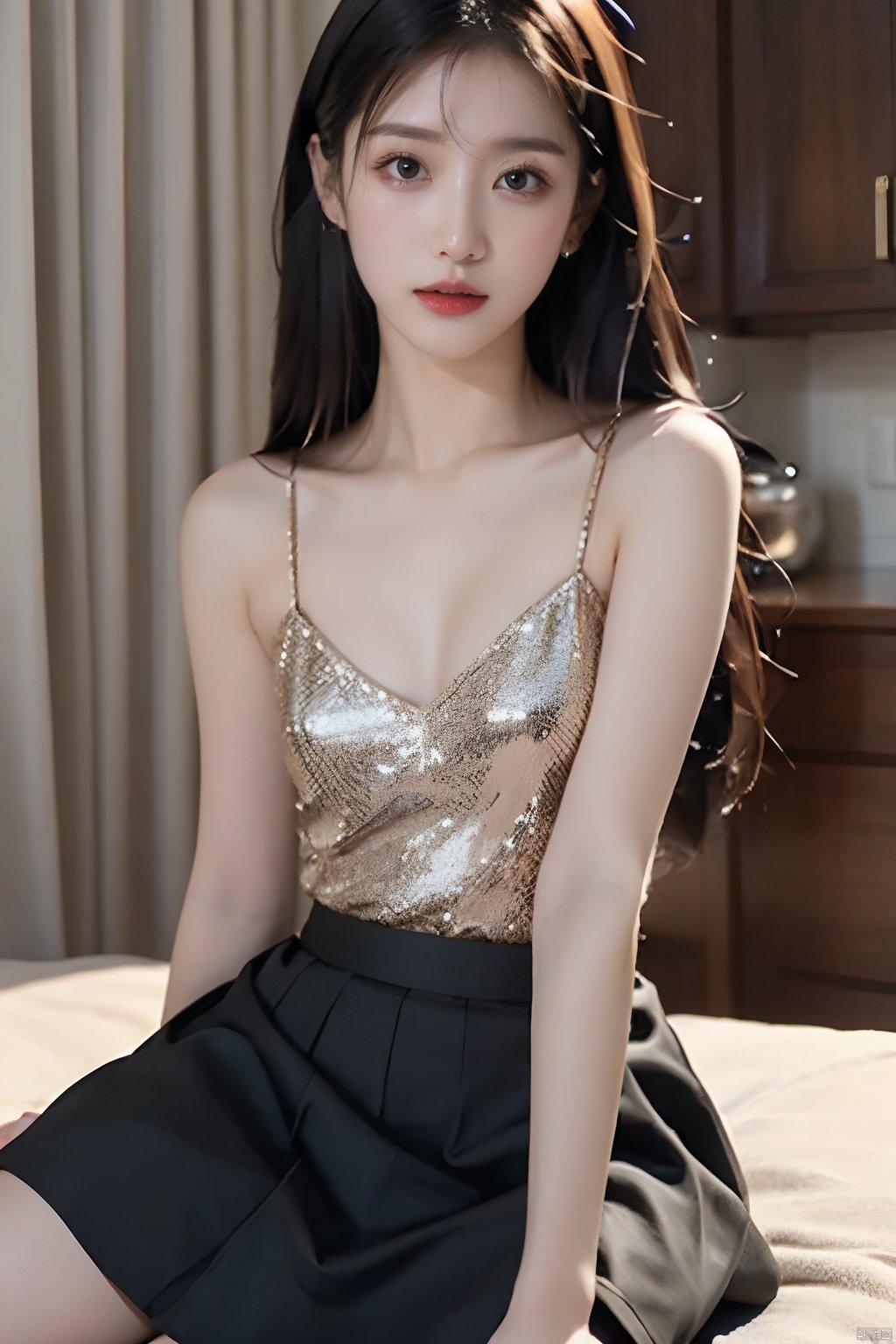  masterpiece,best quality,real,photo,girl,solo,black hair,aqua eyes,the upper part of the body,medium breasts,straight_hair,(long hair:1.1),(showgirl_skirt:1.1),