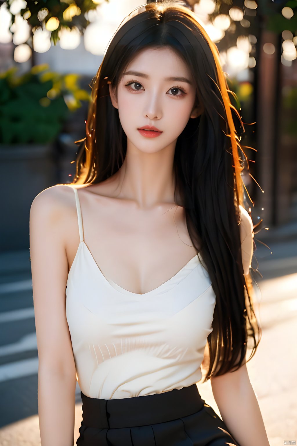  1girl,solo,Best quality,masterpiece,ultra high res,(photorealistic:1.2),Depth of field,golden hour,(rim lighting:1.1),soft shadows,dreamy atmosphere,A clear face,Black hair,long hair,(straight hair:1.2),Amazing beauty,slender,collarbonea,medium breasts,slender_waist,spandex,huge filesize,realistic,reality,depth of field,Thin,fair_skin,looking_at_viewer,face_focus,white camisole,black microskirt,cowboy_shot,