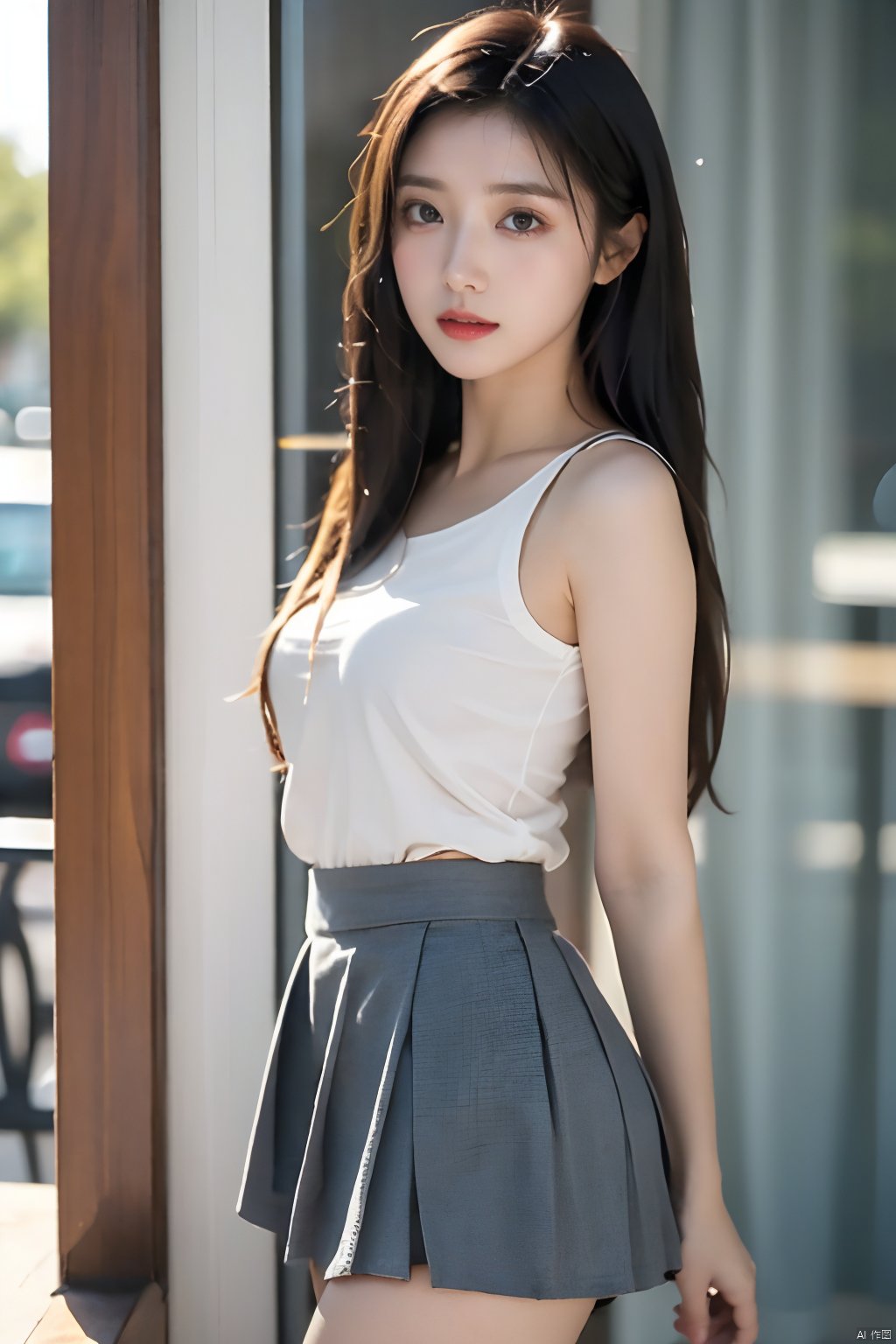  masterpiece,best quality,real,photo,girl,solo,black hair,aqua eyes,the upper part of the body,medium breasts,straight_hair,(long hair:1.1),(miniskirt:1.1),