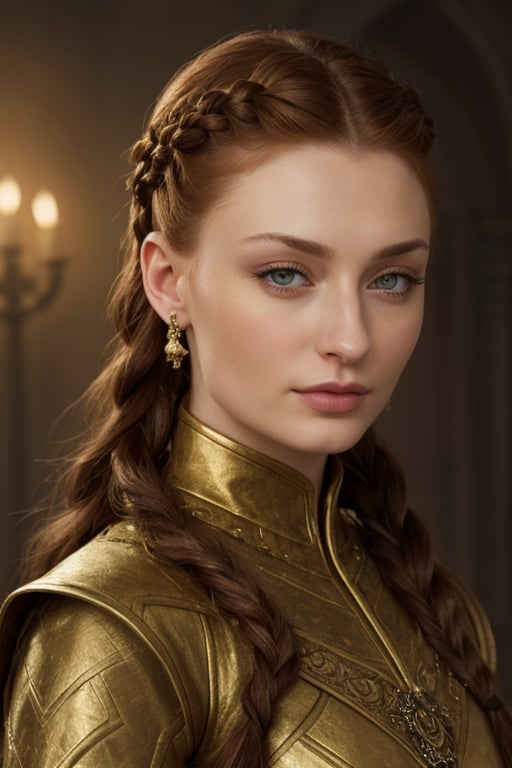 hyperrealistic image of Sophie Turner in a fantasy setting, with a look of a fantasy heroine. Her hair is styled in an updo with braids and gold details. The image has a fantasy and adventure style, with focus on the beauty and strength of Sophie.