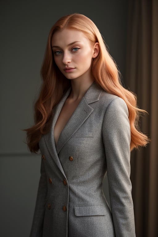 hyperrealistic fashion photoshoot image of Sophie Turner, wearing an elegant and modern look. Her hair is styled with soft waves and volume, enhancing her natural beauty. The image has a high-fashion style, with focus on the details of the clothes and Sophie's posture. The lighting is professional and dramatic, highlighting the colors and textures. 