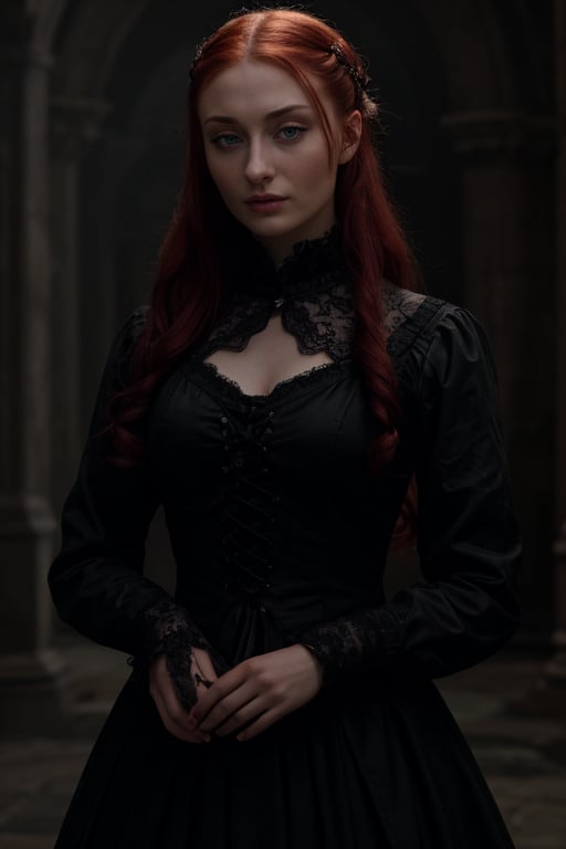 hyperrealistic image of Sophie Turner in a gothic setting, with a dark and mysterious atmosphere. She is wearing a long black dress, with lace details, with a melancholic and intriguing expression. Her red hair is styled in a gothic updo, with strands escaping her face. The lighting is dim and diffuse, with shadows creating a dramatic effect. The image has a gothic and cinematic style, with elements of mystery and tragic beauty.