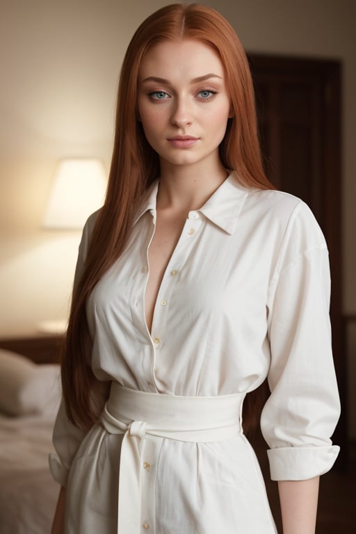 hyperrealistic photo of Sophie Turner, from the waist up, wearing a white cotton blouse, with a soft and natural expression. Her long, straight hair has a side fringe covering her forehead. The lighting is natural and soft, highlighting the details of her skin and eyes. The image has a realistic and cinematic style, as if it were a photograph from a Hollywood movie. 