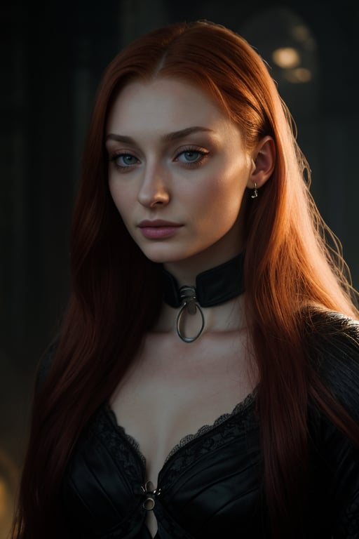 hyperrealistic image of Sophie Turner in a mysterious setting, with unique and captivating lighting. The moonlight, bright and mysterious, illuminates her face, creating intriguing shadows and highlighting her beauty. Her hair is loose, with strands glowing in the moonlight. The image has a cinematic style, with a mystical and intriguing atmosphere. 