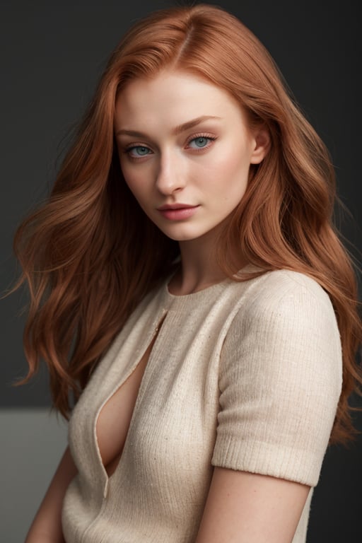 hyperrealistic fashion photoshoot image of Sophie Turner, wearing an elegant and modern look. Her hair is styled with soft waves and volume, enhancing her natural beauty. The image has a high-fashion style, with focus on the details of the clothes and Sophie's posture. The lighting is professional and dramatic, highlighting the colors and textures. 