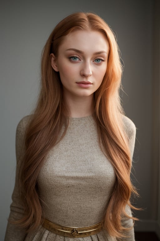 hyperrealistic fashion photoshoot image of Sophie Turner, wearing an elegant and modern look. Her hair is styled with soft waves and volume, enhancing her natural beauty. The image has a high-fashion style, with focus on the details of the clothes and Sophie's posture. The lighting is professional and dramatic, highlighting the colors and textures. 