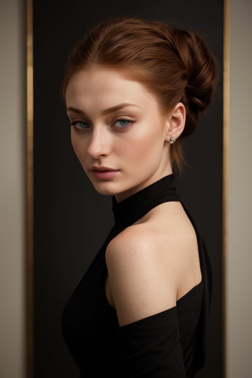 hyperrealistic classic portrait of Sophie Turner, in an elegant and timeless setting, with soft and dramatic lighting. She is wearing a simple and elegant black dress, with a touch of mystery in her eyes. Her hair is styled in an elegant updo, with a few loose strands framing her face. The image has a classic and timeless style, like a painting by a renowned artist.