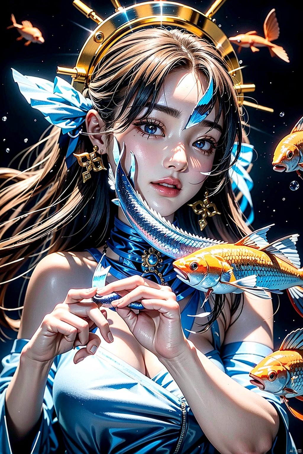  (Light blue dress, embroidered at the hem, with a pair ofcolorfulfish.裙、鱼、)（A fish bracelet, a pair offishearrings.手链,耳环）（1. * * Eyes * *: Big and bright, showing a dreamy look. 2. * * Mouth * *: Smile softly and show kindness and friendliness. 3. * * Facial contour * *: Soft and rounded, avoidstronglines.表情设计）（1. * * Body language * *: Relax naturally and show easy-going gentleness. 2. * * Gesture * *: Add romantic elements to express yearning and pursuit. 3. * * Dynamic * *: Light and elegant, strengthen thedreamycharacteristics.姿势）（A white crystal ball with a rotating nebula inside and a pink and purple fish-shaped ornamentbesideit.道具）（There are some elements of water,oceanDreamysofttones,场景,色调）（8k,Panoramicview,画质,景别）,双鱼座