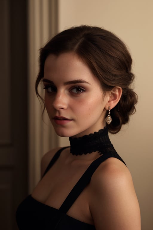 hyperrealistic photo of a classic portrait of Emma Watson, with sophisticated makeup, intense red lips, black eyeliner, and long lashes. She is wearing an elegant black dress with a modest neckline. The image is classic and timeless, with dramatic lighting and a simple, elegant background.