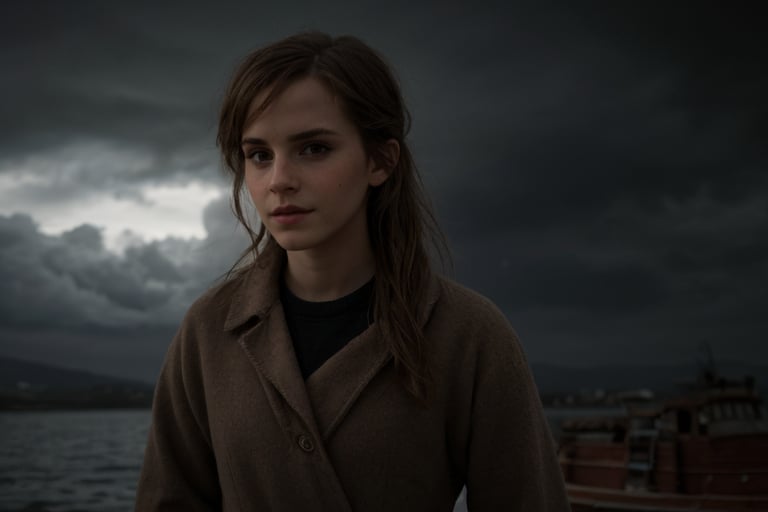 hyperrealistic photo of Emma Watson as a character in the movie "Noah", inside Noah's ark. She is dressed in simple, yet elegant clothes, appropriate for the time. Her expression is one of concern and determination, as she observes the raging storm outside. The image has a cinematic style, with dark lighting and a background of wood and elements of the ark, like animals and people in the background. 