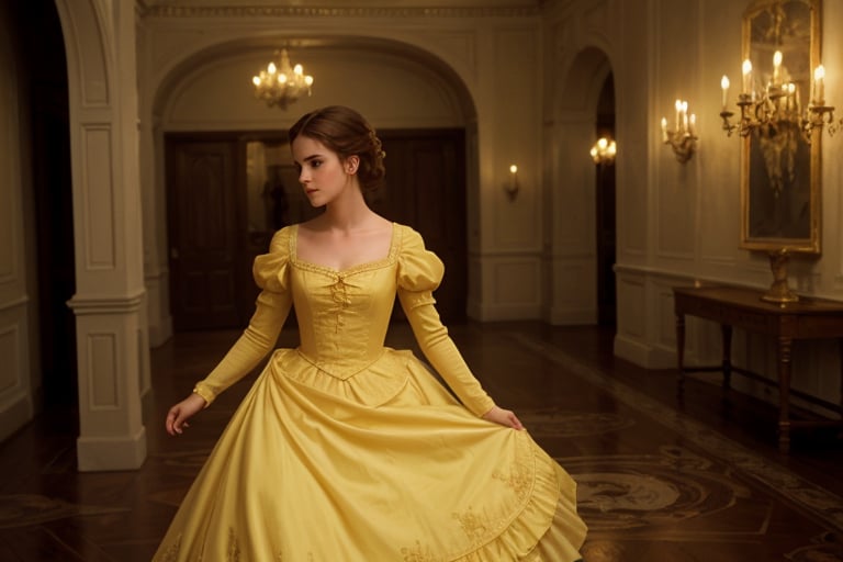 hyperrealistic photo of Emma Watson as Belle, in a classic scene from the movie "Beauty and the Beast", when Belle is in the elegant old hall. She is wearing Belle's yellow dress, with a dreamy and intelligent expression. The image has a cinematic style, with soft lighting and the background of an elegant old ballroom.