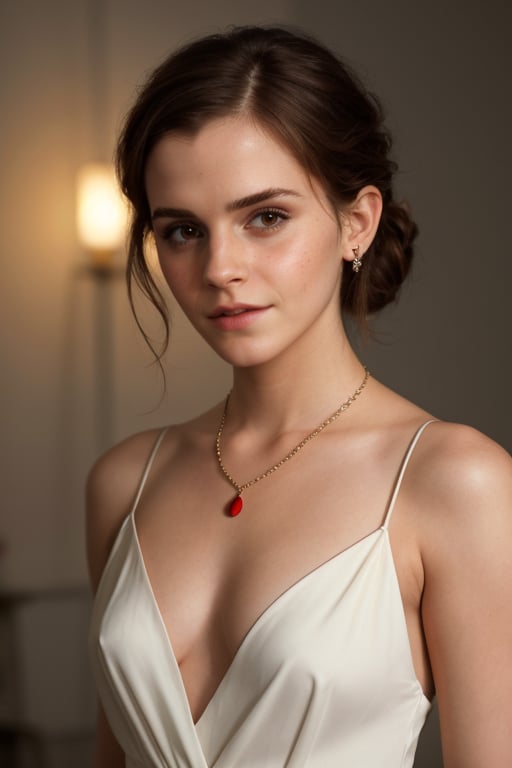 hyperrealistic photo of Emma Watson, close-up from the waist up, showcasing flawless makeup with vibrant red lips, black eyeliner, and long, voluminous eyelashes. She is wearing a simple white silk blouse with exposed shoulders and a delicate necklace. The image is classic and elegant, with soft lighting and a neutral background.