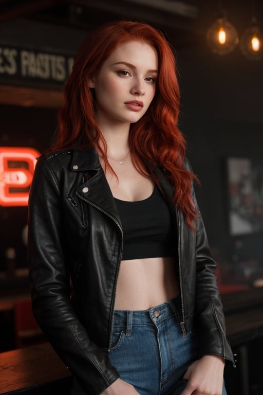 hyperrealistic image of Madelaine Petsch in a rock and roll bar, wearing a black leather jacket with zipper details, a black band t-shirt, and ripped jeans. She has a relaxed expression, her eyes enhanced with black eyeliner and voluminous mascara, and lips painted with a dark red lipstick. The bar's lighting is dramatic, with colorful lights and fog. The atmosphere is vibrant and full of energy.