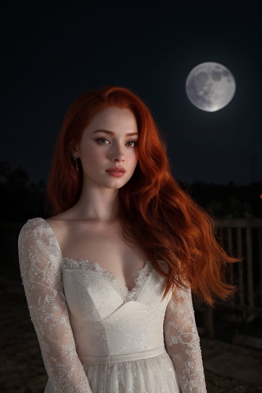 hyperrealistic image of Madelaine Petsch in a nighttime setting, illuminated by the glow of the moon. She is wearing a white lace dress, with a mysterious and intriguing gaze. The moonlight creates silvery reflections in her hair and dress, and the image is filled with contrasting shadows that create a mystical and intriguing atmosphere.