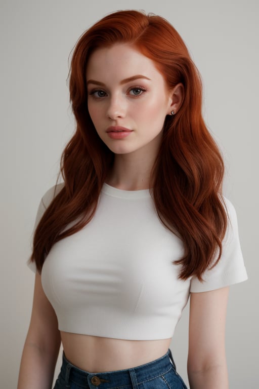 hyperrealistic portrait of Madelaine Petsch, from the waist up, focusing on her realistics facial details, realistic skin texture, hair is loose