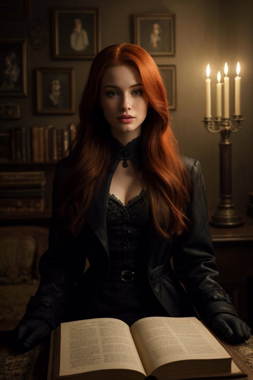 hyperrealistic image of Madelaine Petsch in a mysterious and dark setting. She is dressed in a long, dark coat, with an expression of intrigue and suspense on her face. The image is filled with shadows and contrasts, with details such as an old wall clock, old books, and lit candles. The colors are dark and deep, creating an atmosphere of mystery.