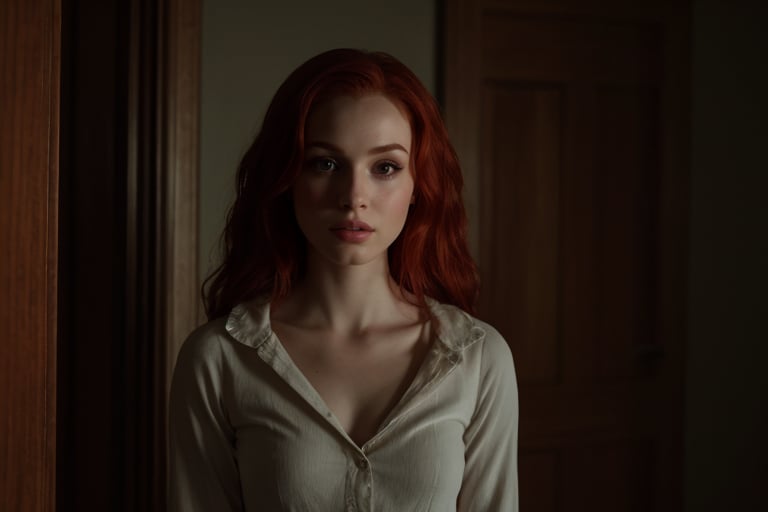 hyperrealistic image of Madelaine Petsch as Maya in the movie "The Strangers", in a tense and frightening scene. She is in a dark and isolated house, with an expression of fear and apprehension. The light is dim and flickering, with shadows and contours that increase the tension of the scene. The focus is on her facial expression and the dark and threatening atmosphere of the house. The image should have a cinematic style, capturing the essence of the original scene from the movie, with as much realism as possible. 