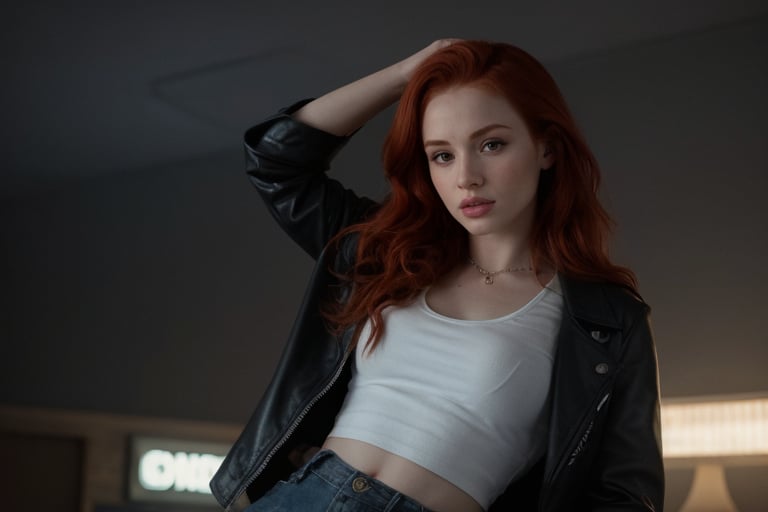 hyperrealistic image of Madelaine Petsch in a scene from the movie "Riverdale", with an enigmatic and intriguing gaze. She is wearing a black leather jacket, ripped jeans, and a white t-shirt, with a rebellious and modern style. The image is in a dark and mysterious setting, with a focus on her gaze and the atmosphere of the film. 