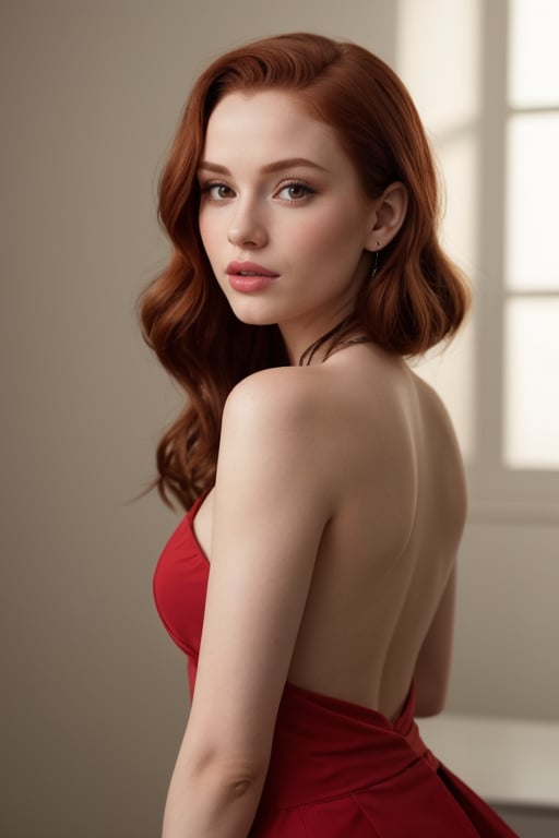 hyperrealistic portrait of Madelaine Petsch, from the waist up, focusing on her facial details and makeup. She has a confident expression, her eyes enhanced with black eyeliner and voluminous mascara, and lips painted with a bold red lipstick. The lighting is soft, highlighting the texture of her skin, with natural shadows and lights that create depth. The colors are vibrant and realistic, conveying the quality of a professional photograph. 