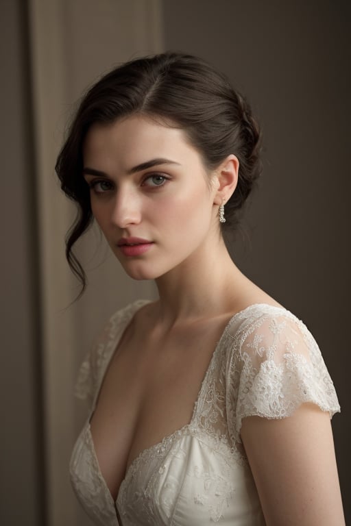 hyperrealistic photo of Katie McGrath in a classic portrait, focusing on her timeless beauty. She is wearing a white lace dress with a subtle neckline and an elegant hairstyle. The lighting is soft and gentle, highlighting the delicate features of her face. The colors are soft and elegant, with sharp details in the texture of the dress and flawless skin. The image has a classic and timeless style, as if it were a painting by a Renaissance master, with extremely high resolution and an impressive level of realism.