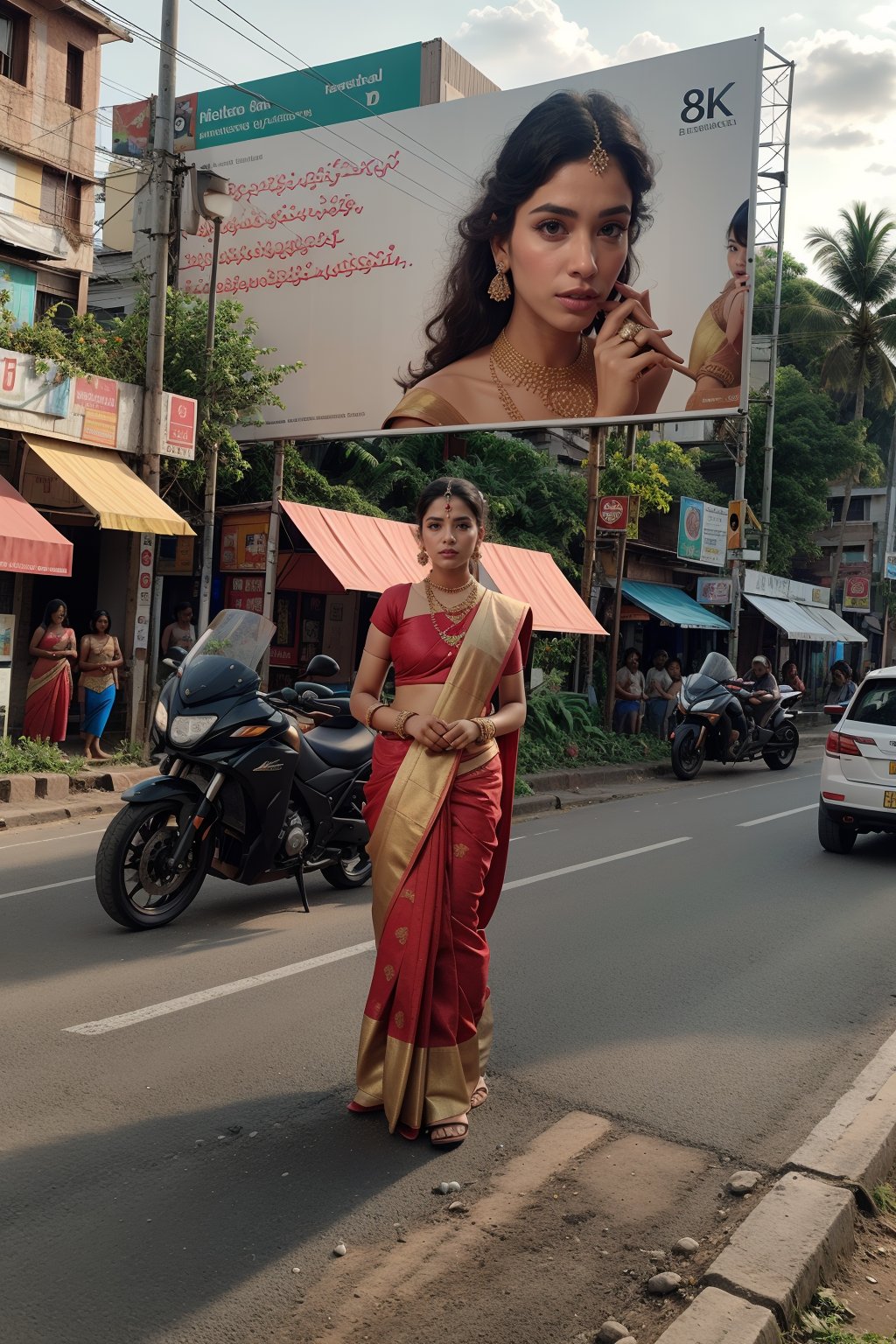 Girl in  A gold jewellerie's Advertisement flex board on roadside, a girl with gold ornaments jewellery and silk saree, solo, create a text on the flex board (("pattaperukki")) in big font, realistic City crowded people, so many vehicles are passing through the road, This breathtaking photograph, shot on a Canon 1DX with a 50 mm f/2.8 lens, beautifully showcases the raw and authentic beauty of life. high resolution 8k image quality,,Kerala girl ,realistic