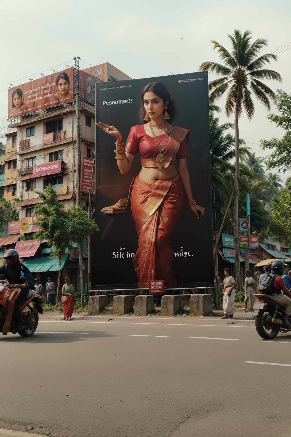 Advertisement flex board on roadside, a girl with somany gold ornaments jewellery and silk saree, solo, create a text on the flex board "pattaperukki" in big font, realistic City crowded people, so many vehicles are passing through the road, ,Kerala girl 