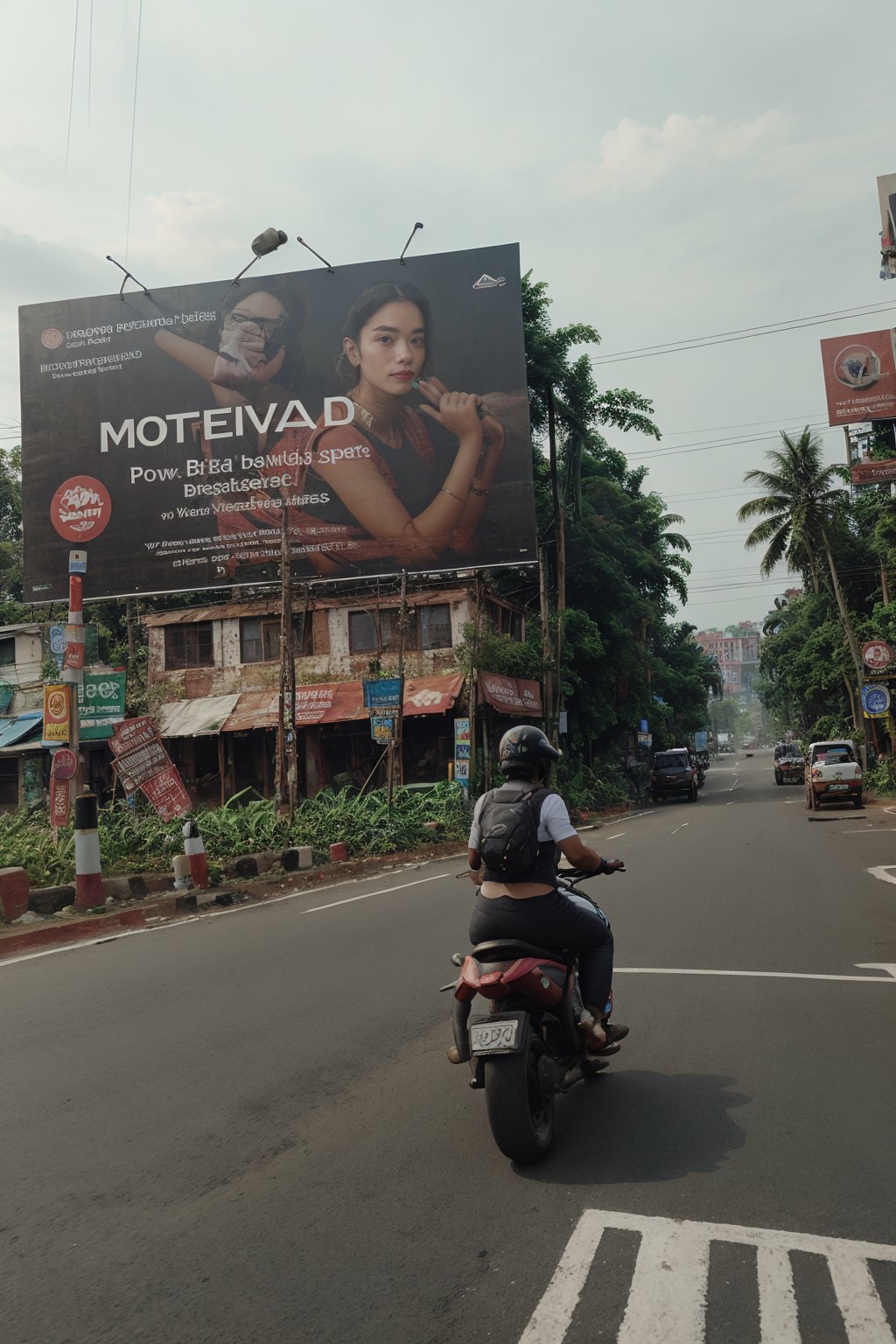 Advertisement flex board, 1girl, outdoors, english text, ground vehicle, motor vehicle, car, photo background, real world location, crowed city, Kerala, 