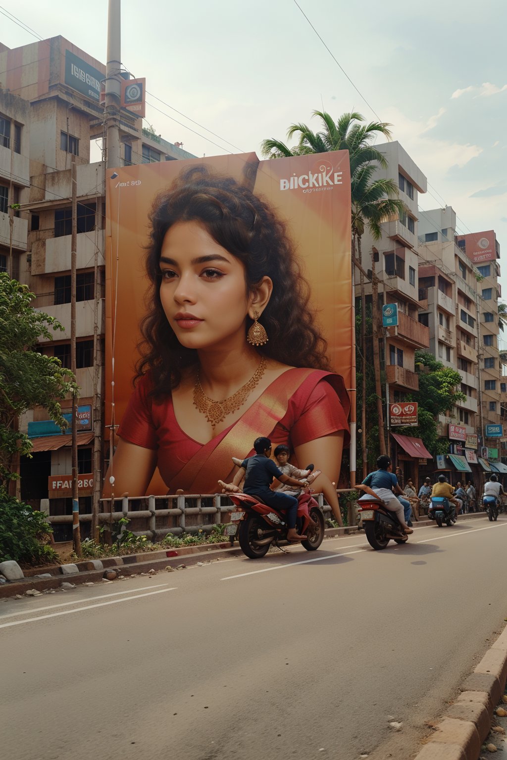 Advertisement flex board on roadside, add girl with so many gold ornaments jewellery and silk saree, create a text on the flex board "pattaperukki" in big font, realistic City crowded people, so many vehicles are passing through the road, 