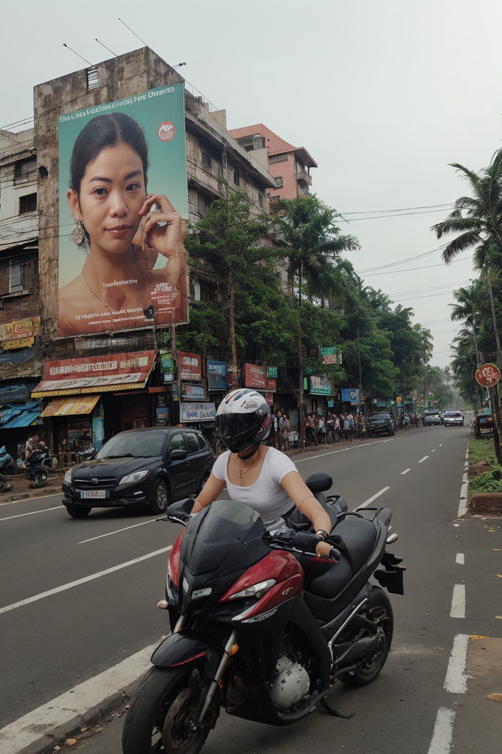 Advertisement flex board, 1girl, outdoors, english text, ground vehicle, motor vehicle, car, photo background, real world location, crowed city, Kerala, 