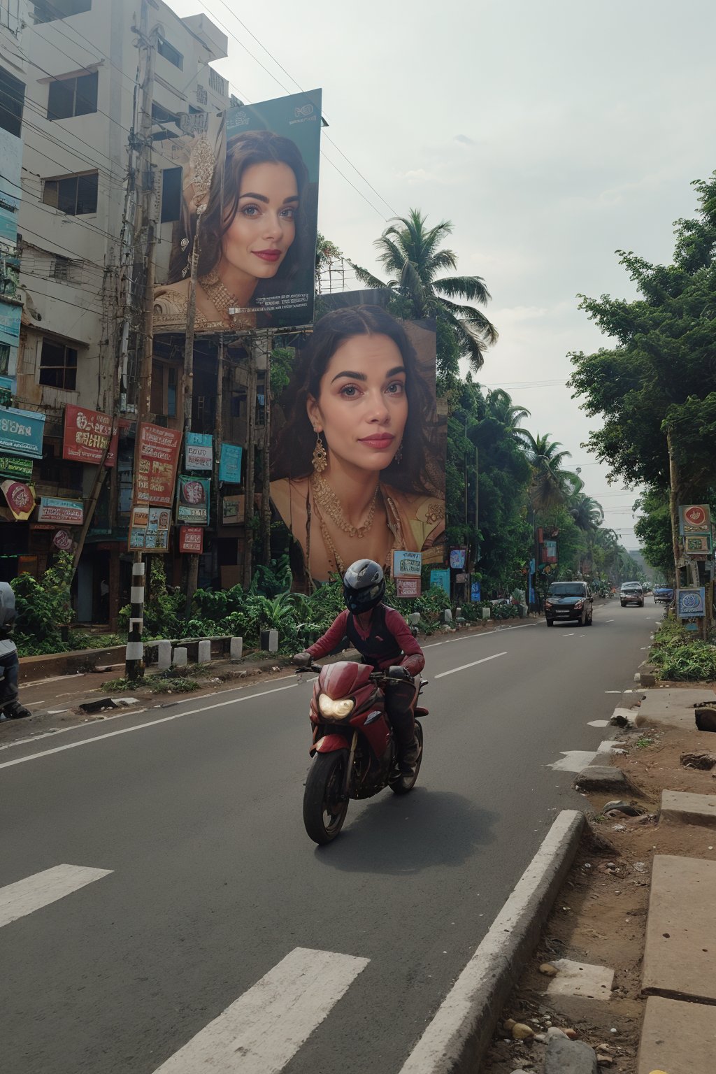 Advertisement flex board, a film Star actress photos on wall, 1girl, outdoors, english text, ground vehicle, motor vehicle, car, photo background, real world location, crowed city, Kerala, 