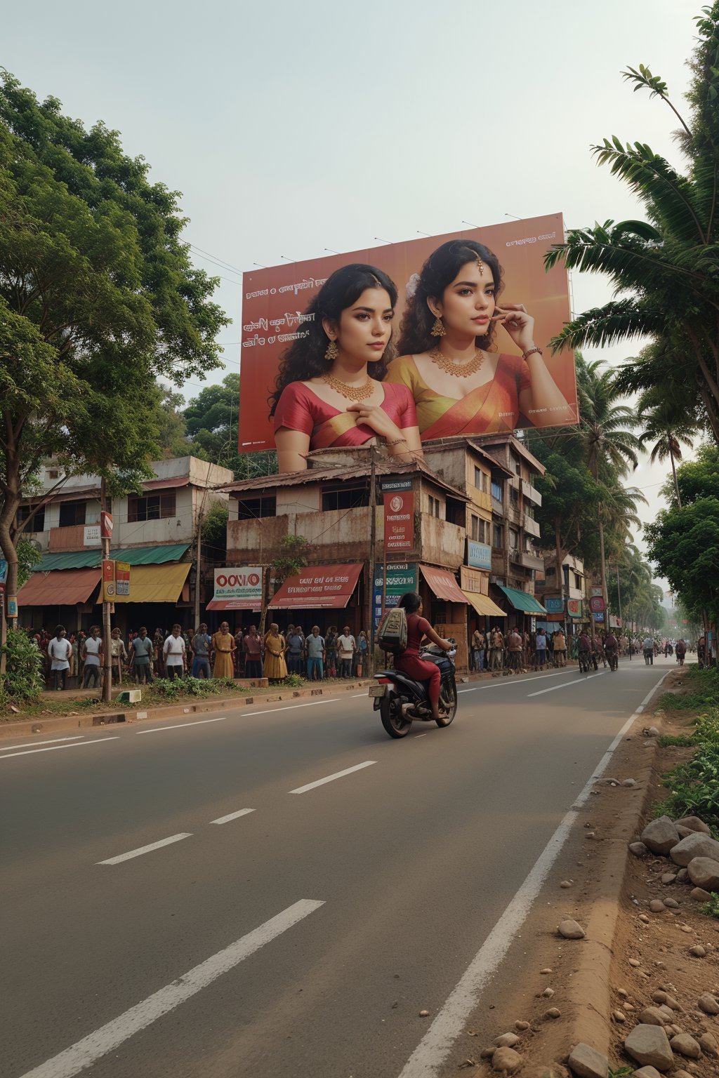 Advertisement flex board on roadside, add girl with so many gold ornaments jewellery and silk saree, create a text on the flex board "pattaperukki" in big font, realistic City crowded people, so many vehicles are passing through the road, 