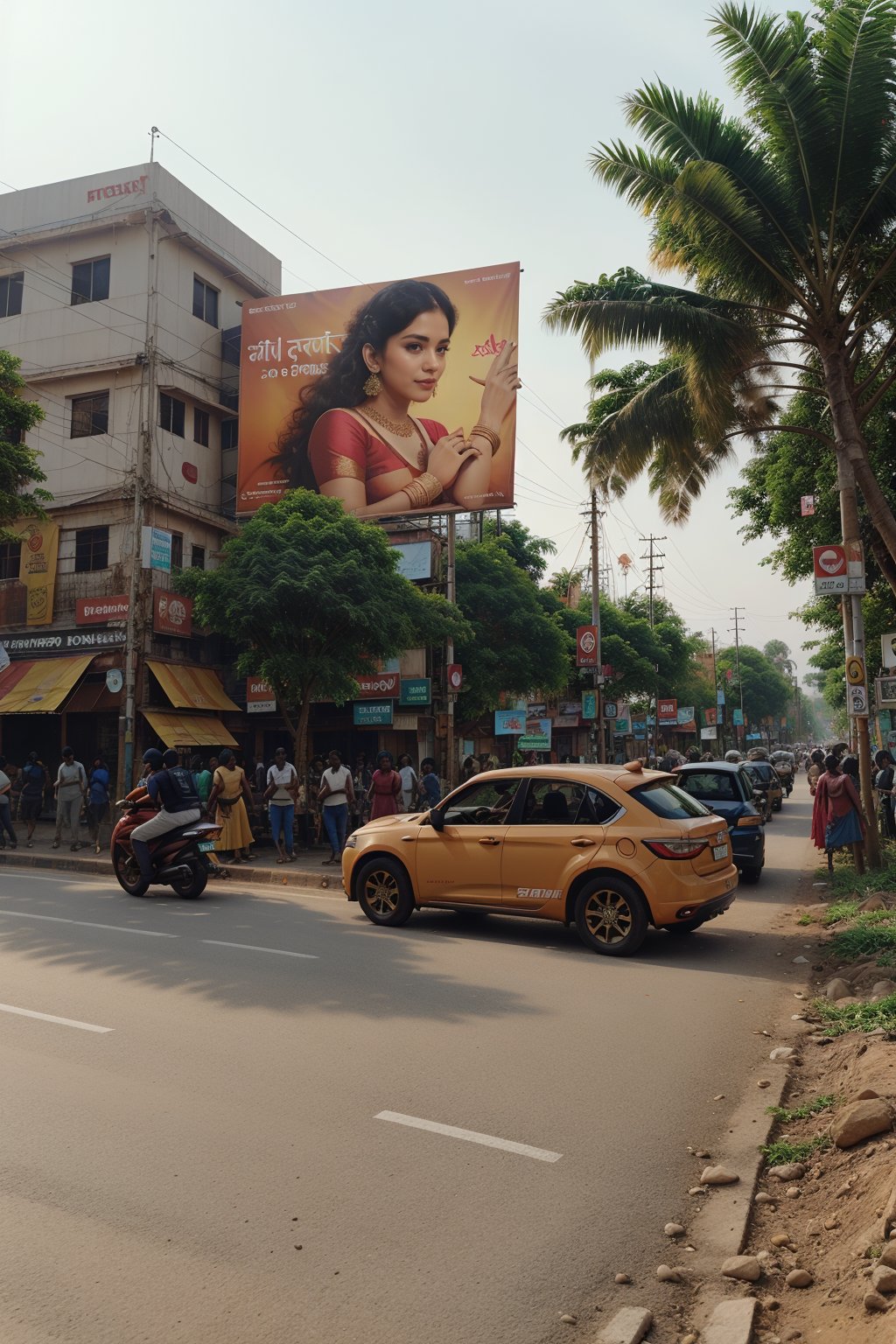 Advertisement flex board on roadside, add girl with so many gold ornaments jewellery and silk saree, create a text on the flex board "pattaperukki" in big font, realistic City crowded people, so many vehicles are passing through the road, 