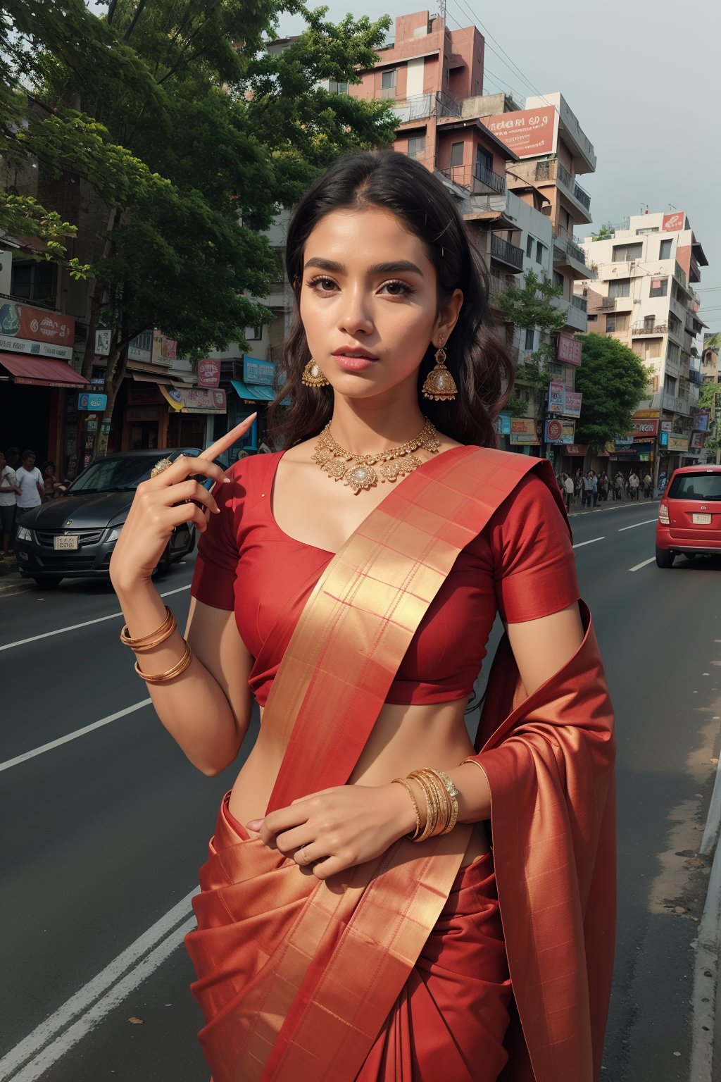 Girl in  A gold jewellerie's Advertisement flex board on roadside, a girl with gold ornaments jewellery and silk saree, solo, create a text on the flex board (("pattaperukki")) in big font, realistic City crowded people, so many vehicles are passing through the road, This breathtaking photograph, shot on a Canon 1DX with a 50 mm f/2.8 lens, beautifully showcases the raw and authentic beauty of life. high resolution 8k image quality,,Kerala girl ,realistic