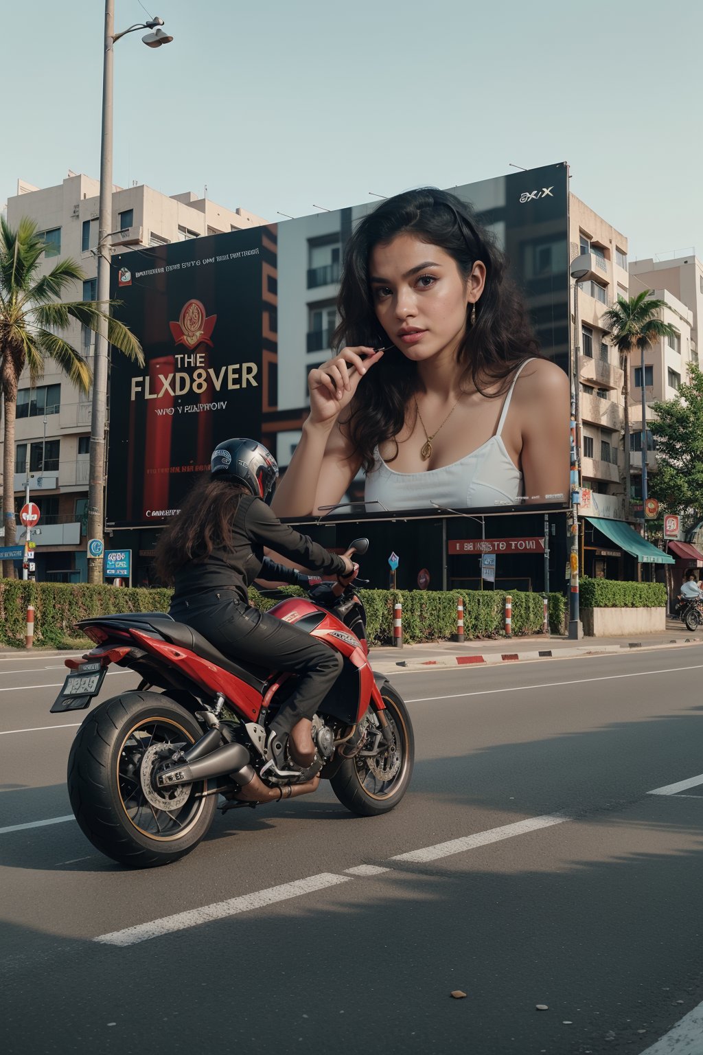 advertisement flex board:2, a beautiful girl on flex board, gold jewellerie's advertisement flex, on road side, night light on flex, black hair, motor vehicle, realistic, coconut tree, motorcycle,This breathtaking photograph, shot on a Canon 1DX with a 150 mm f/1.2 telly lens iso 200, beautifully showcases the raw and authentic beauty of life. high resolution 8k image quality, advertisement flex board on road side,Advertisement board,Classic light fringe